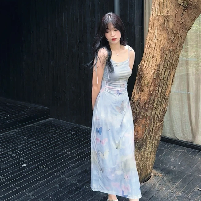 เดรสฤดูร้อนสำหรับผู้หญิงชุดเดรสแขนกุดรัดรูปชุดเดรสฤดูร้อนผ่าต่ำเซ็กซี่ชุดเดรสรัดรูปพิมพ์ลายผีเสื้อ