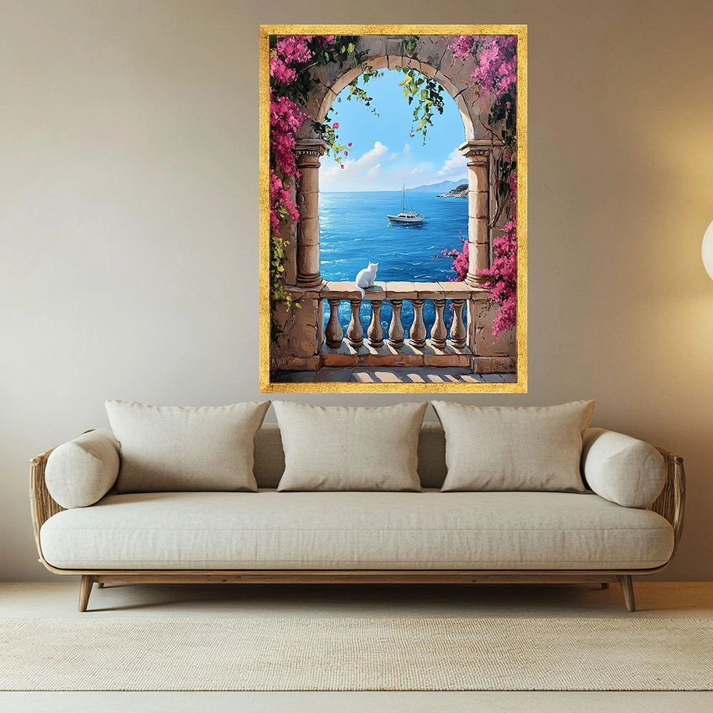 No Framed Canvas Wall Art- Amalfi Coast Italy Positano Watercolor Painting with Lemon Tree & Coastal Cityscape,  Vibrant Italian