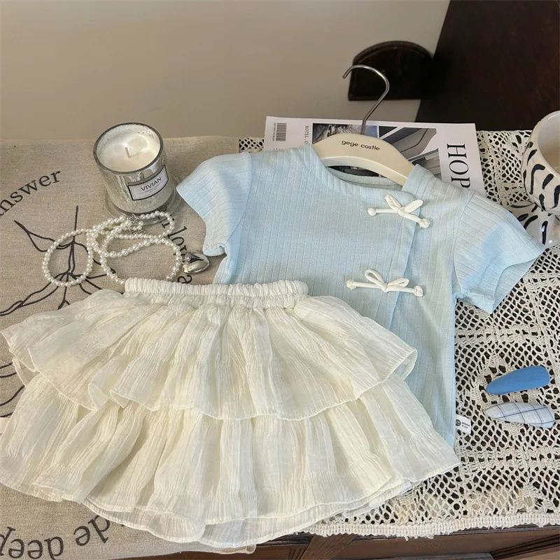 Korean Childrens Clothing 2024 New Summer Girls Solid Color T-shirt White Cake Skirt Pants Two-piece Set