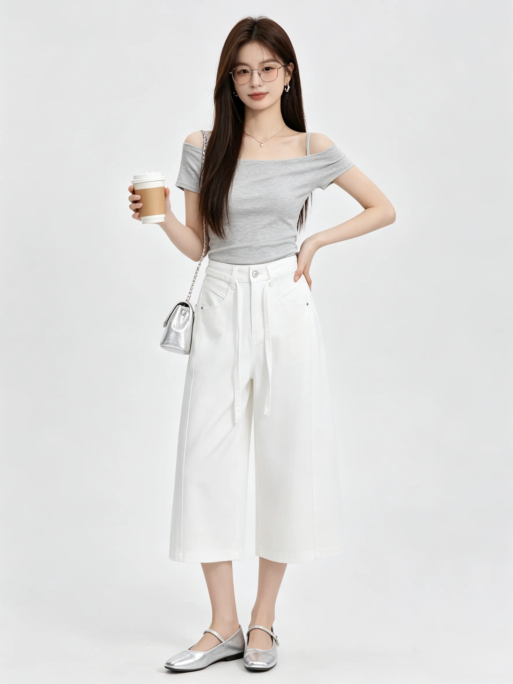 Simple Skin-friendly Korean Style Distressed Wide-leg Seven-quarter Length Jeans Summer New Versatile Natural Waist Denim