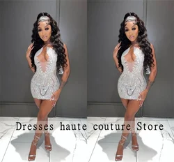 Sexy Silver Beaded Crystal Halter Short Prom Dresses 2025 For Black Girl Customizd Rhinestone Cocktail Dress Birthday Party Gown