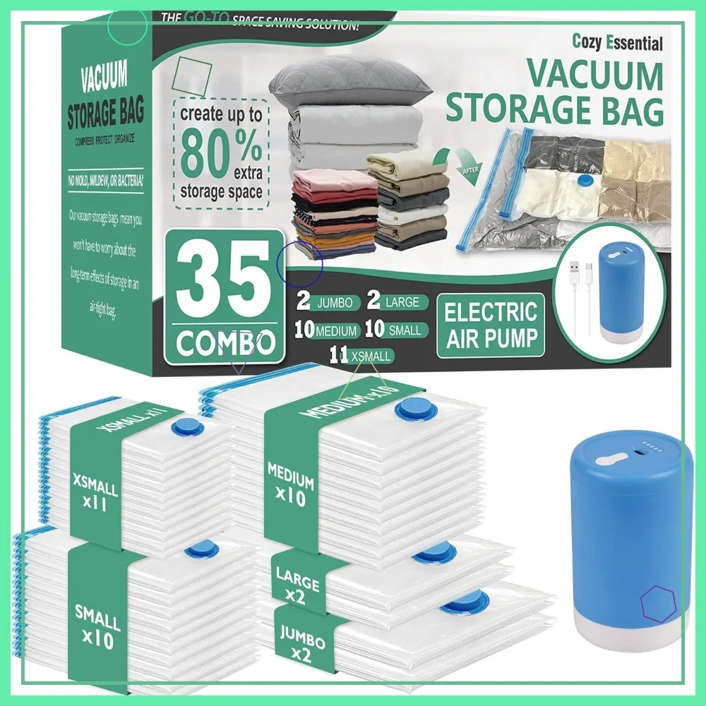 

Набор из 35 вакуумных пакетов для хранения с электрическим насосом, экономия места для одежды, подушек, одеял