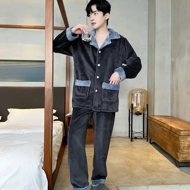

Winter Men's 2PCS Loungewear Sets Thick Coral Fleece Homewear Soft Warm Turn-down Collar Pajama Set Men Flannel Button Sleepwear