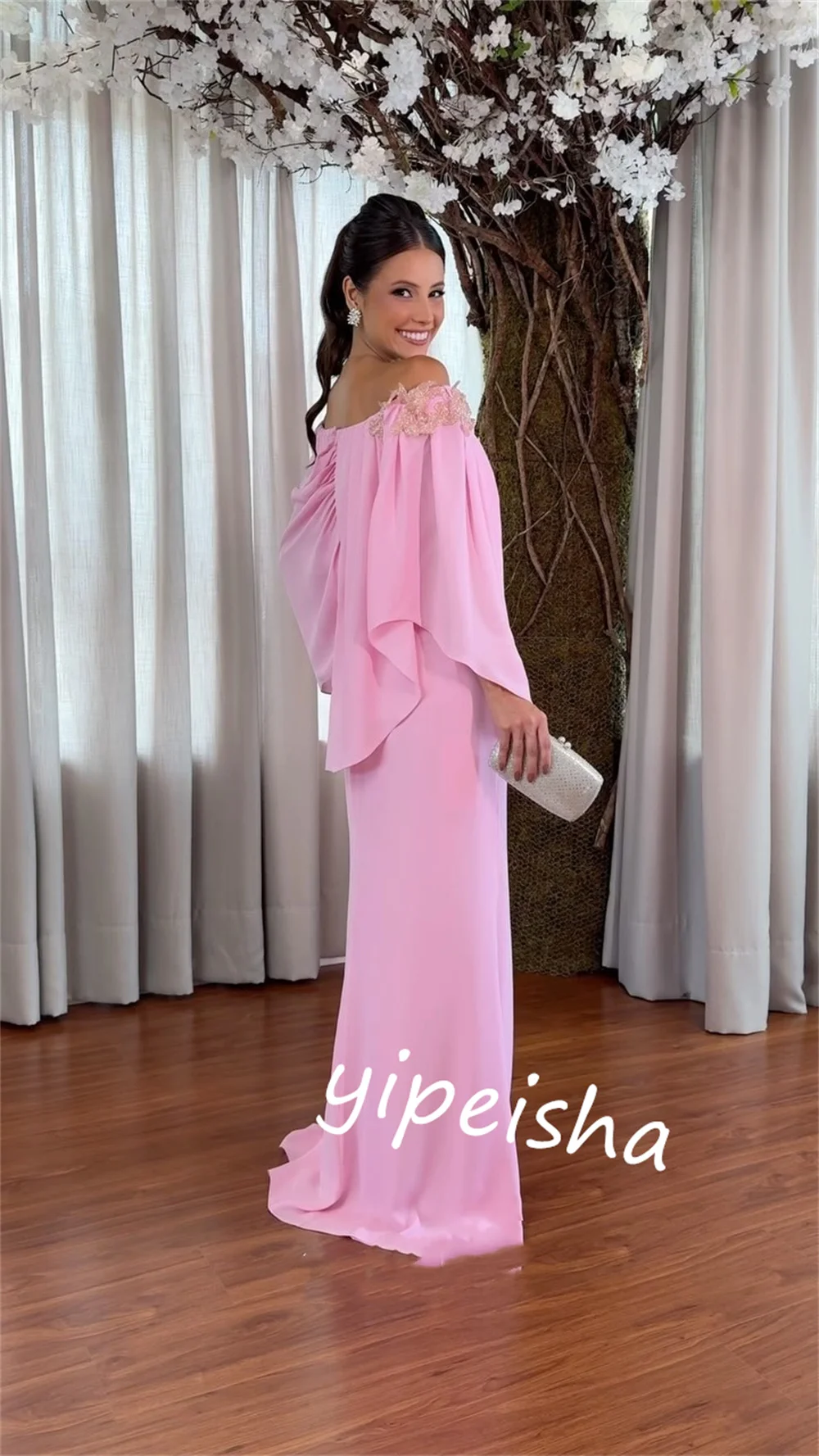 Disesuaikan Jersey Pleat Hari Valentine A-line Boat Neck Bespoke gaun acara gaun panjang