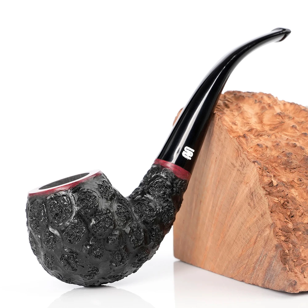 

MUXIANG briar wood tobacco pipe Classic SherlockHolmes pipe Curved handle 9mm channel Heather wood carved sandblasted pipe