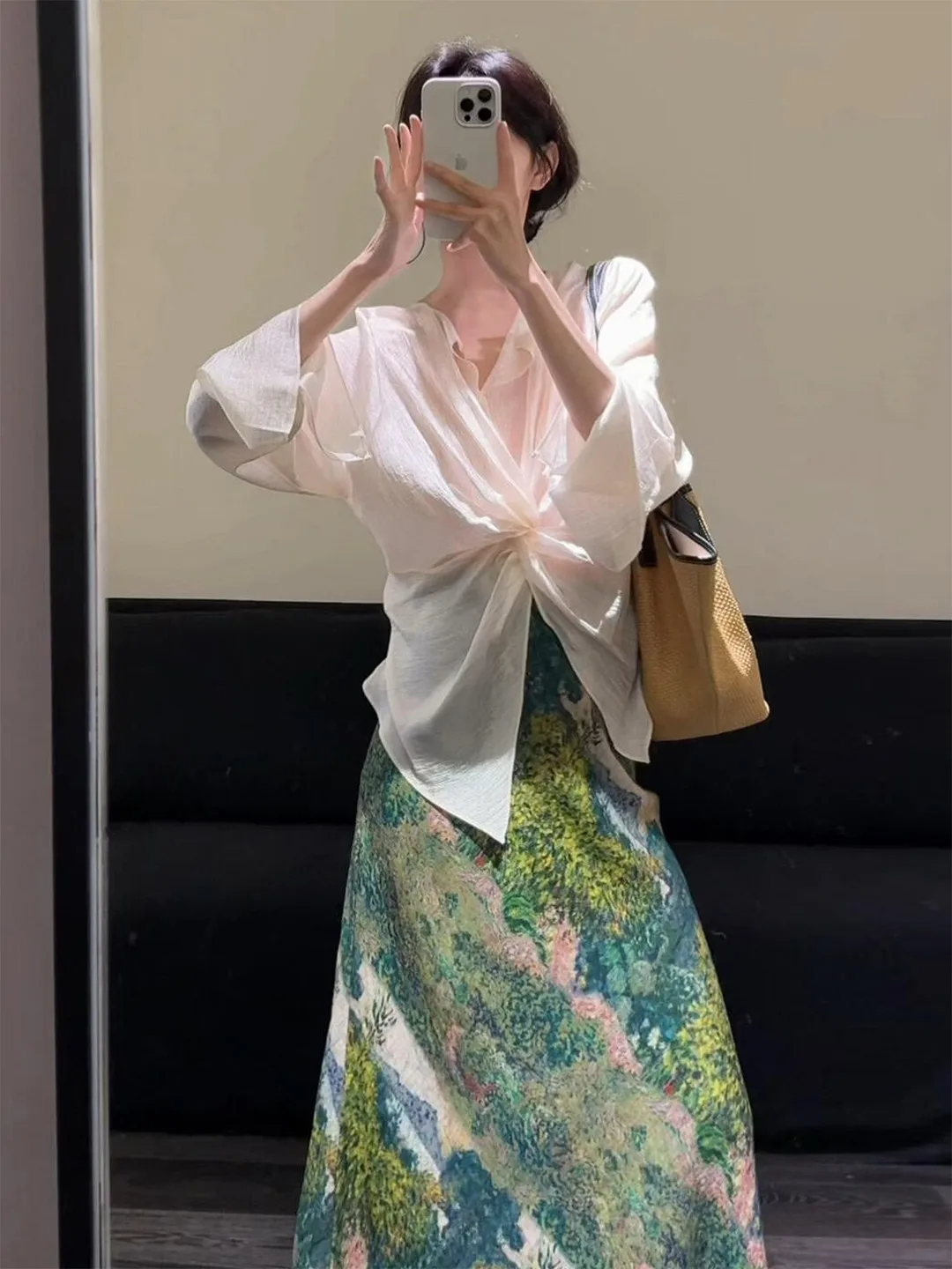 

New Chinese Style Cold Sensation Full Set Skirt Summer National Women's Shirt Oil Painting Long Dress Two-Piece Set Fashionable