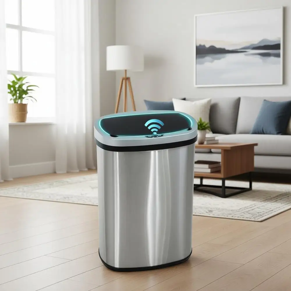 

13-галлонный (50 л) овальный мусорный бак из нержавеющей стали с крышкой, работающий от батареек, для дома и офиса