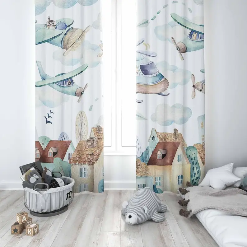 Flying Plane Nursery Curtains Airplane Kids Bedroom Black Out Nursery Decor Baby Room Curtains Bedroom Living Room Curtain