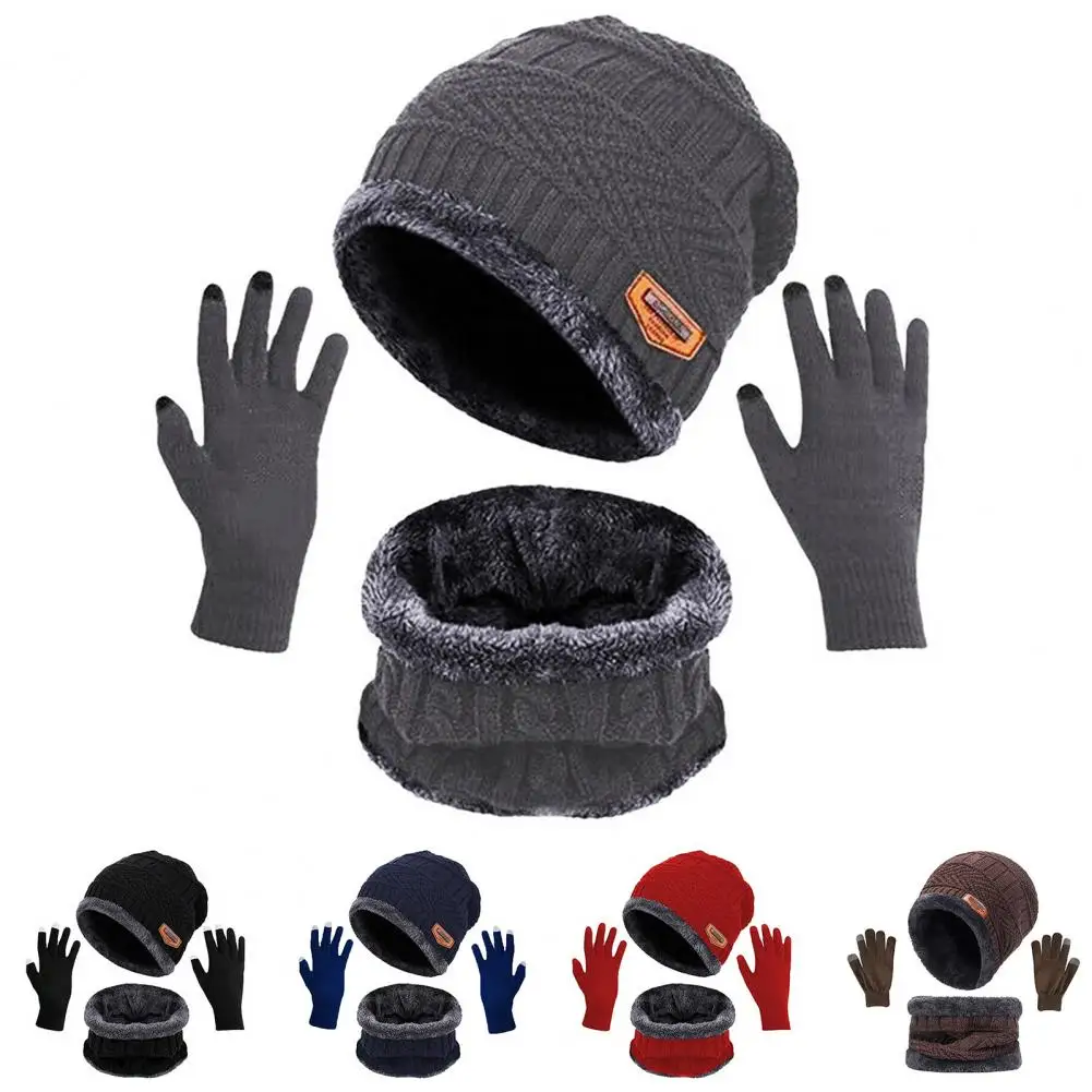 1 Set Scarf Gloves Cap Set Touch Screen Gloves Full Fingers Fleece Knitted Thicken Warm Plush Gloves Scarf Hat Set for Skiing