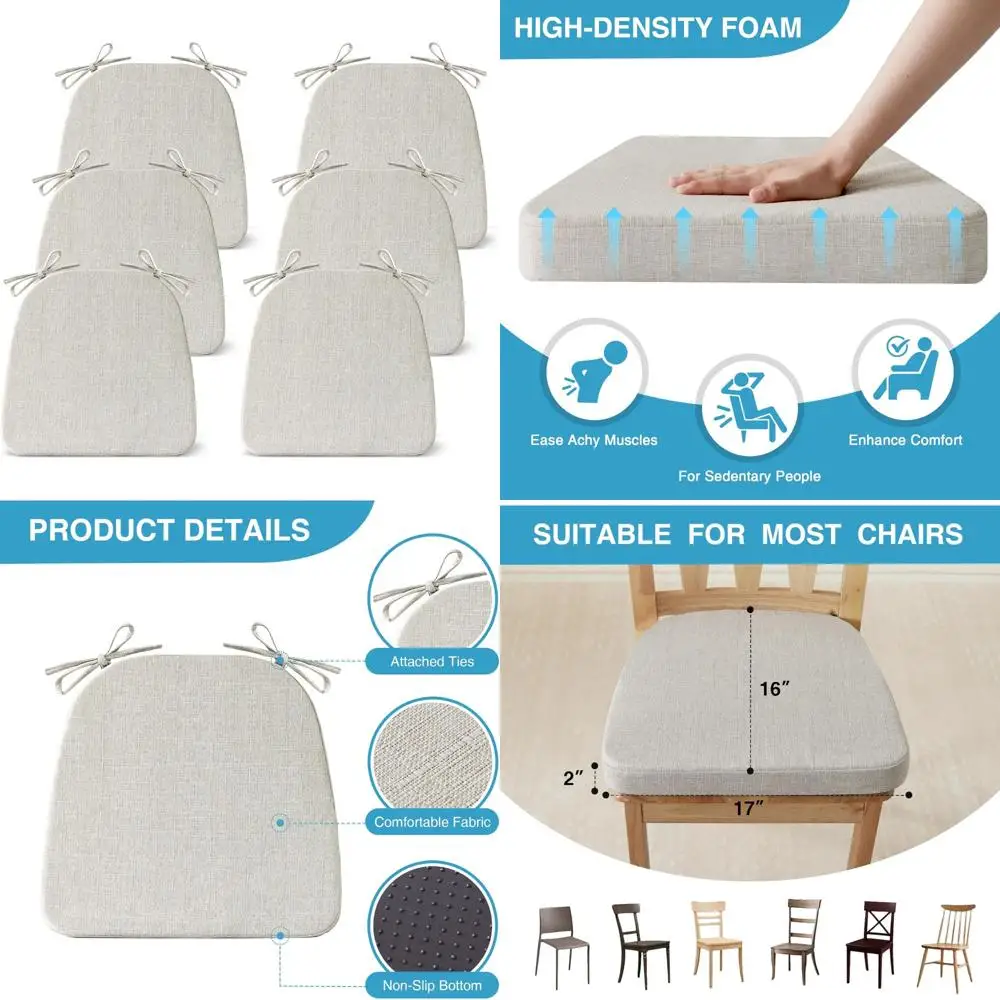 

Set of 6 Dining Chair Cushions, Non-Slip Kitchen Chair Pads, 17x16x2 Inches, Indoor Seat Cushions with Ties