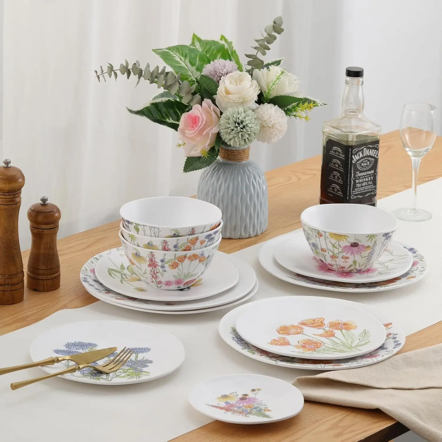 طقم أواني طعام من الميلامين الزهري، 16 قطعة لـ 4 أشخاص، أدوات مائدة للاستخدام الداخلي والخارجي، أطباق وأطباق غير منتظمة الشكل غير قابلة للكسر #4