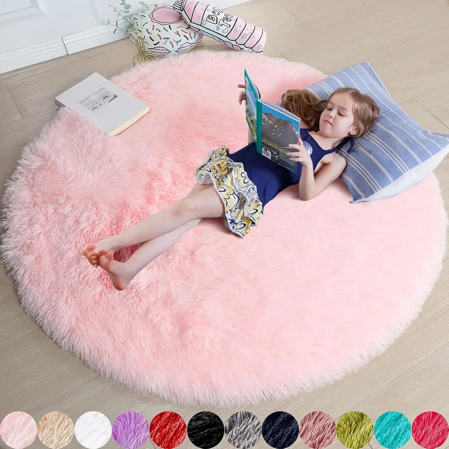 VIKAMA Pink Round Rug for Girls Bedroom,Fluffy Circle Rug for Kids Room,Furry Shaggy Carpet for Girls Nursery Room Decor