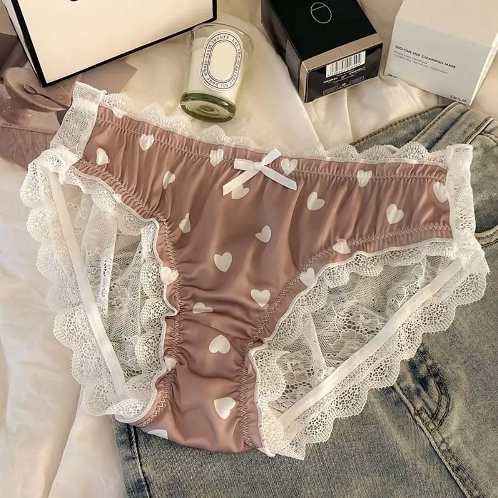 Doce cetim de seda renda arco calcinha amor padrão roupa interior transparente malha flor meados cintura briefs para mulher verão