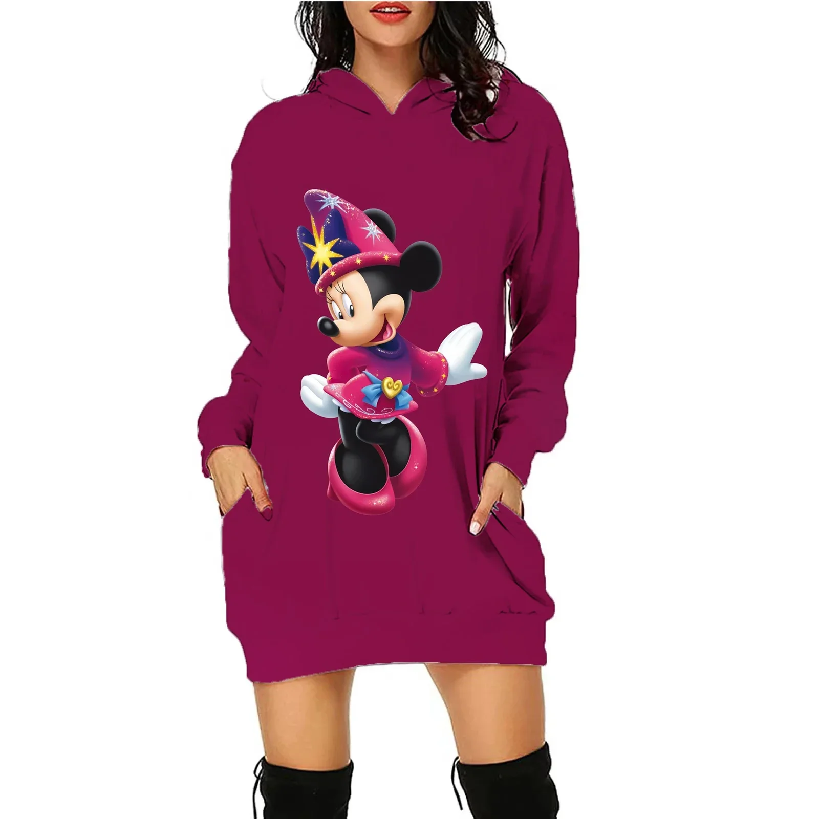 

Disney Hoodie Elegant Women's Dresses For Party 2024 Mini Dress With Hood Long Sleeves Mickey Minnie Luxury Disney Kawaii Top