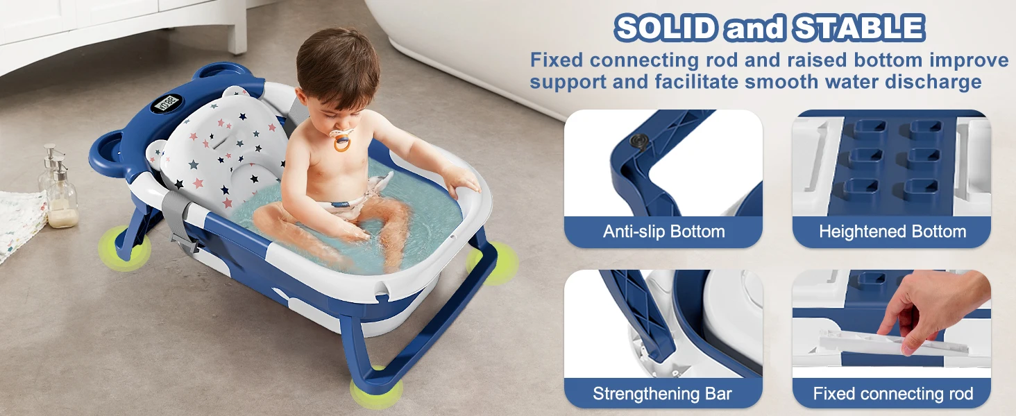 Tragbare, faltbare Babybadewanne für Neugeborene mit Echtzeit-Thermometer, weichem Stützkissen, zusammenklappbare Reise-Babybadewanne mit Ablaufstopfen, kompakte Aufbewahrung, Kinderbadewanne – Detail 2