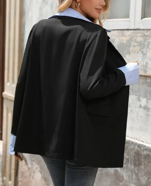 

Women's Contrast Striped Collar Blazer Long Sleeve Open Front Design Casual Striped Shirt Splicing Fake Two-Piece Suit