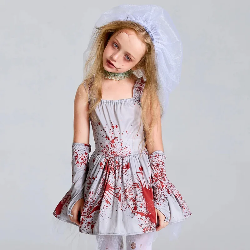 Halloween Corpse Bride Scary Girls Cosplay Costume Kids Children Bloody Walking Dead Zombie Carnival Party Role Play Dress Up UY