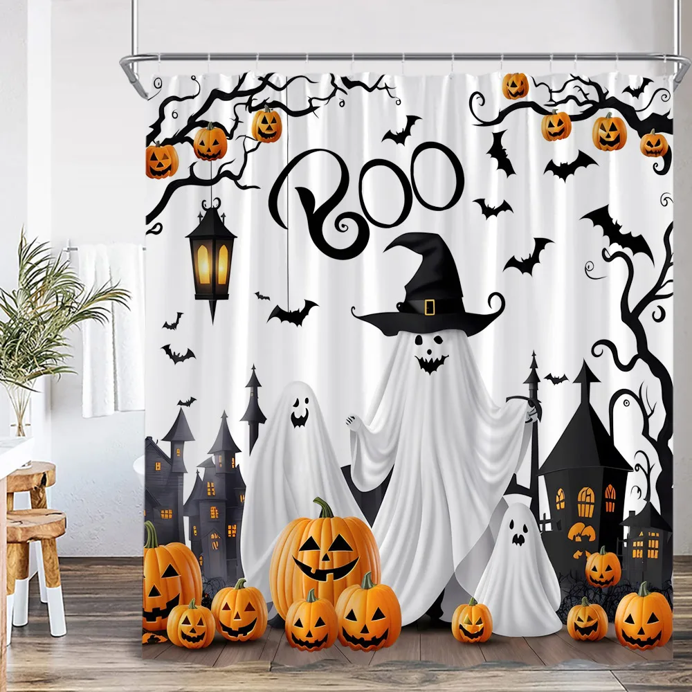 Cartoon Ghost Spooky Halloween Shower Curtain Apparition Pumpkin Happy Halloween Bathroom Decor Kid Child Polyester Bath Curtain