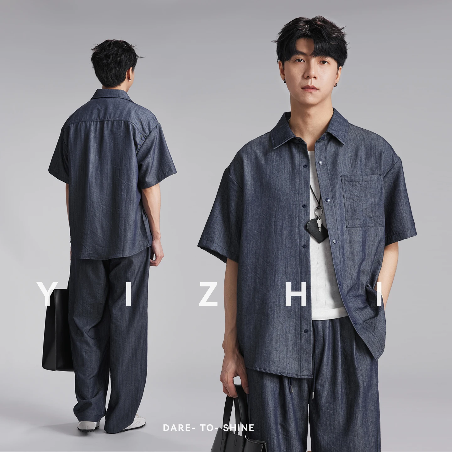 Fashion Men Light Mature Faux Denim Shirt Set 2026 Summer New Solid Color Loose Trendy Casual Wide Leg Pants Two Piece Outfit