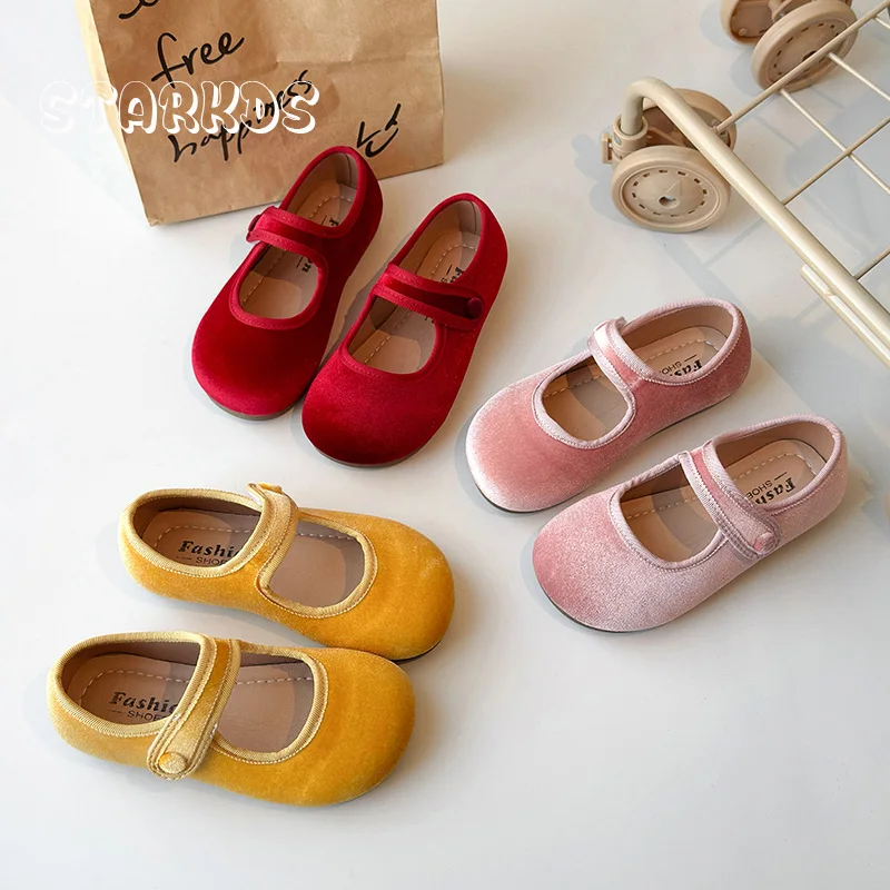 Cute Peach Pink Velvet Shoes Girls Vintage Gold Velour Ballet Flats Baby Kids Spring New Soft Sole Luxury Mary Janes