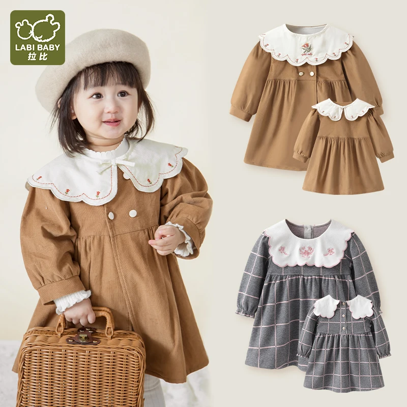 

LABI BABY Girls Fall Dresses Lapel Long Sleeve Dress Autumn Baby Dresses Embroidery Flowers Toddlers Infant Girls Clothes