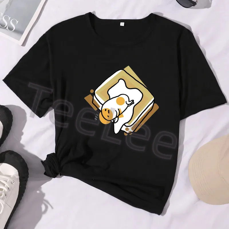 Gudetama طباعة القهوة التي شيرت انمي ياباني البيض الجرافيك الأسود تي شيرت المرأة الصيف قصيرة الأكمام Kawaii ملابس الشارع الشهير #5