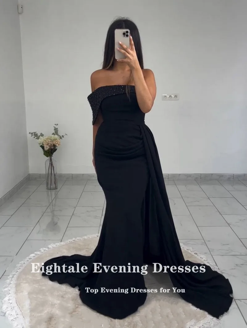 Eightale-vestido De noche plisado De sirena, traje negro De un hombro, hecho a medida, De gasa, para fiesta De boda