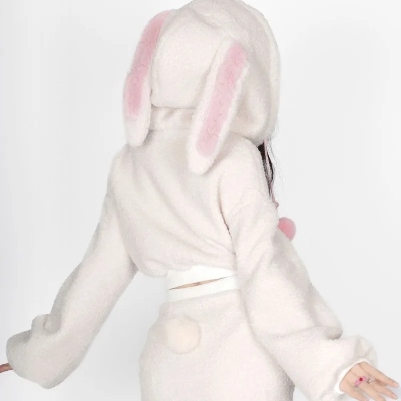 Cute Sweet Bunny Hooded Plush Fuzzy Short Skirt Set for Women Lolita Style Hot Rabbit Ears Hooded Zipper Slim Skirt Suit Clothes