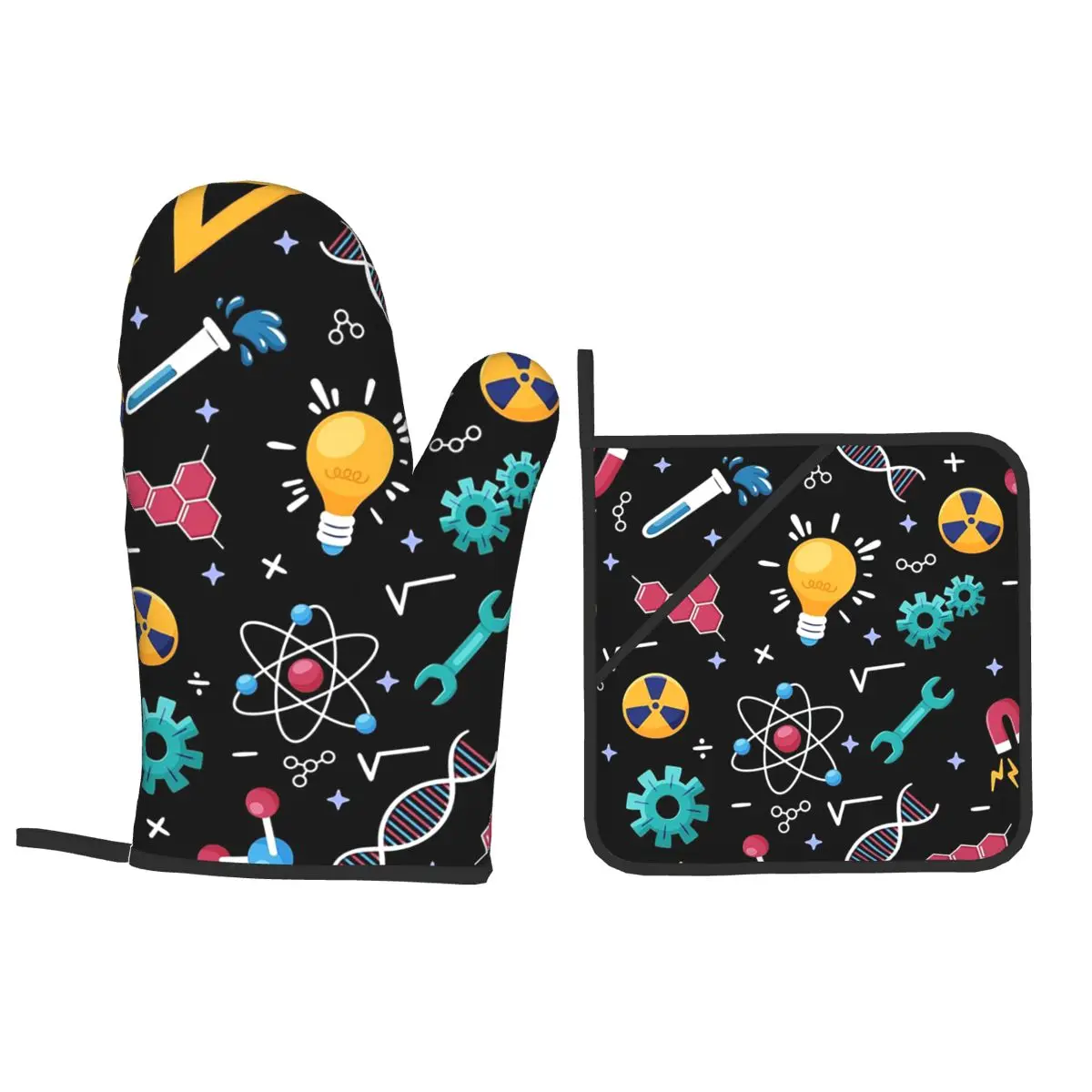 STEM Icons Pattern Science Engineering Oven Mitts and Pot Holder Sets of 4 for Baking Cooking BBQ Resistant Non-Slip Gloves