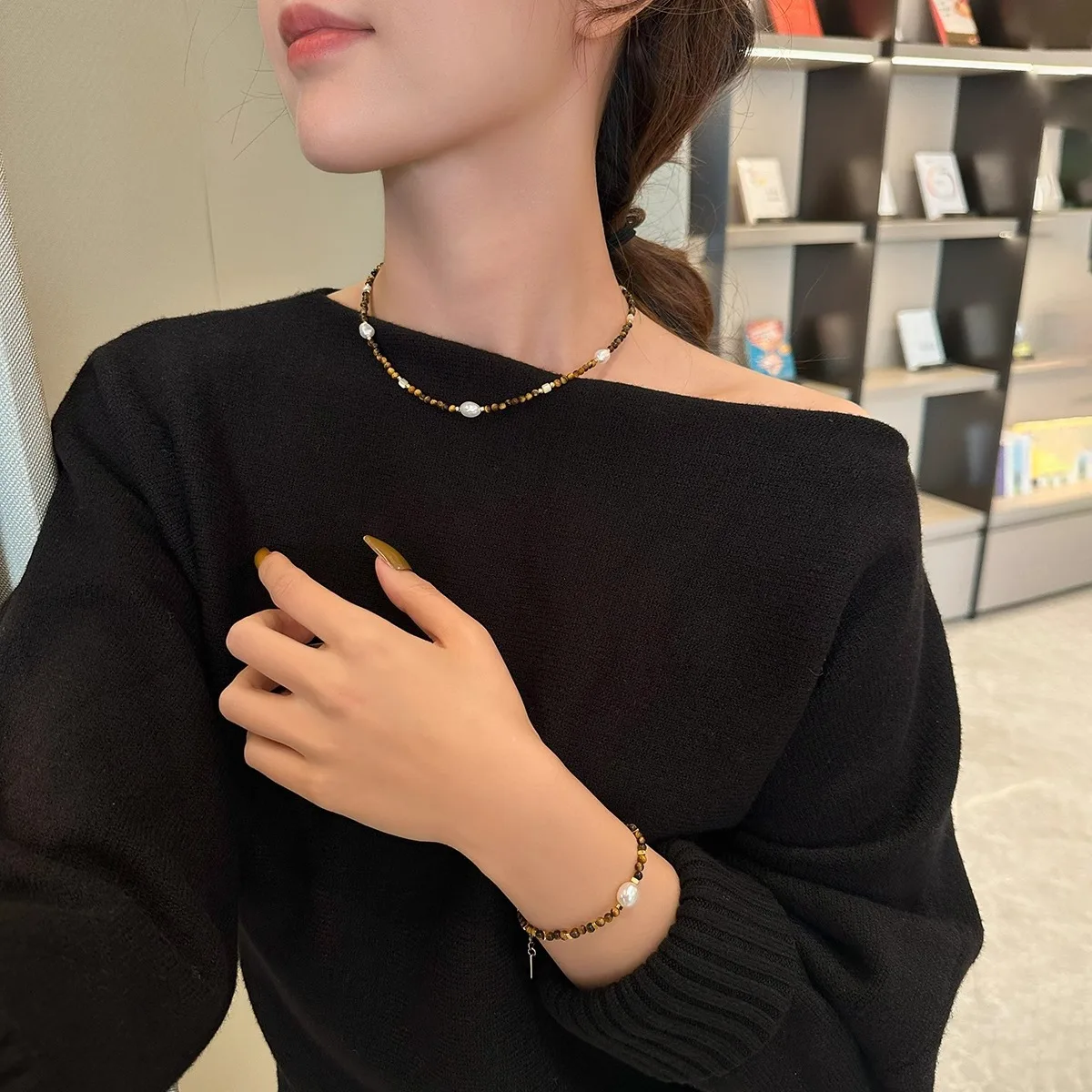 Melard Tiger's Eye Stone Freshwater Pearl Necklace Bracelet Autumn And Winter Unique Mother-of-pearl Collar Chain For Women