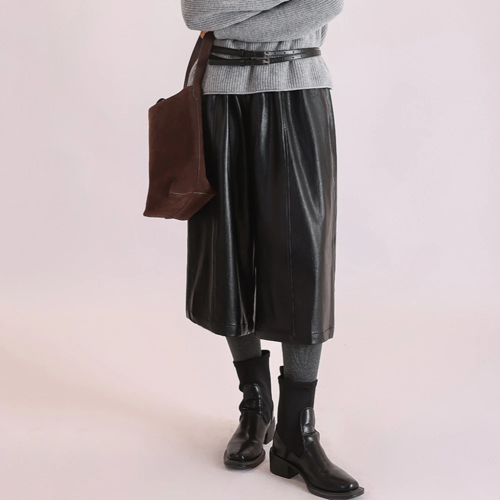 TWOTWINSTYLE ソリッドスプライス ポケットレザーパンツ 女性用 ハイウエスト ルーズ ストリートウェア ヴィンテージ レディースパンツ 秋の新作ファッション