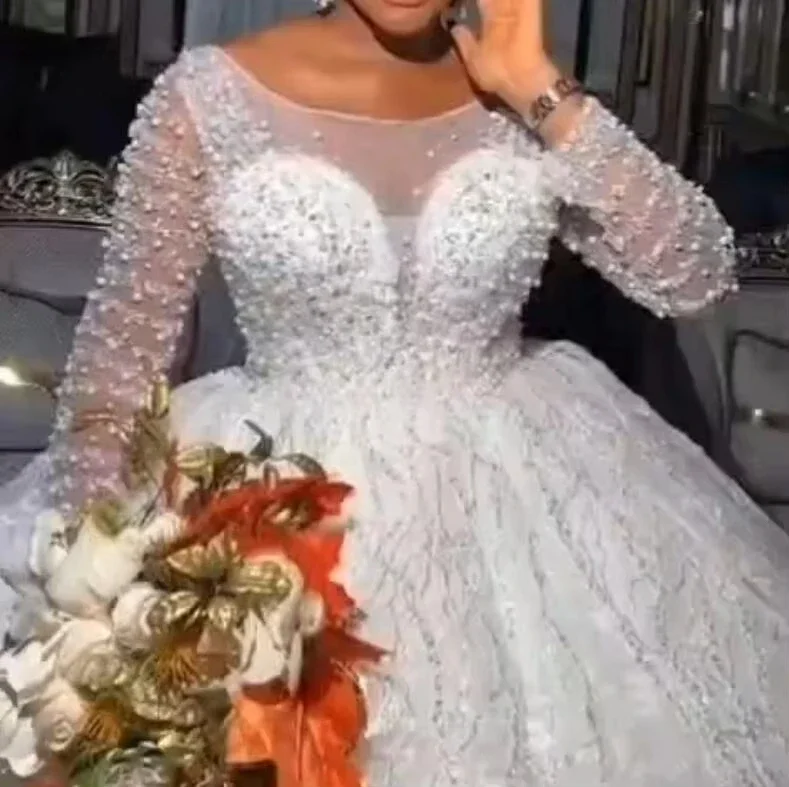 

Бальное платье принцессы Саудовской Аравии по индивидуальному заказу, свадебное платье с длинным рукавом, расшитое бисером, королевский шлейф, кружевное свадебное платье с блестками