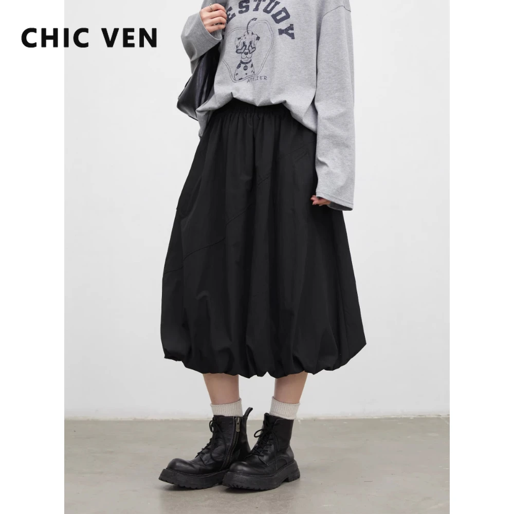 CHIC VEN Korean Women Skirt Black Loose Casual Elastic Waist Flower Bud Design Mid Length Puff Skirt for Girl Spring Summer 2026