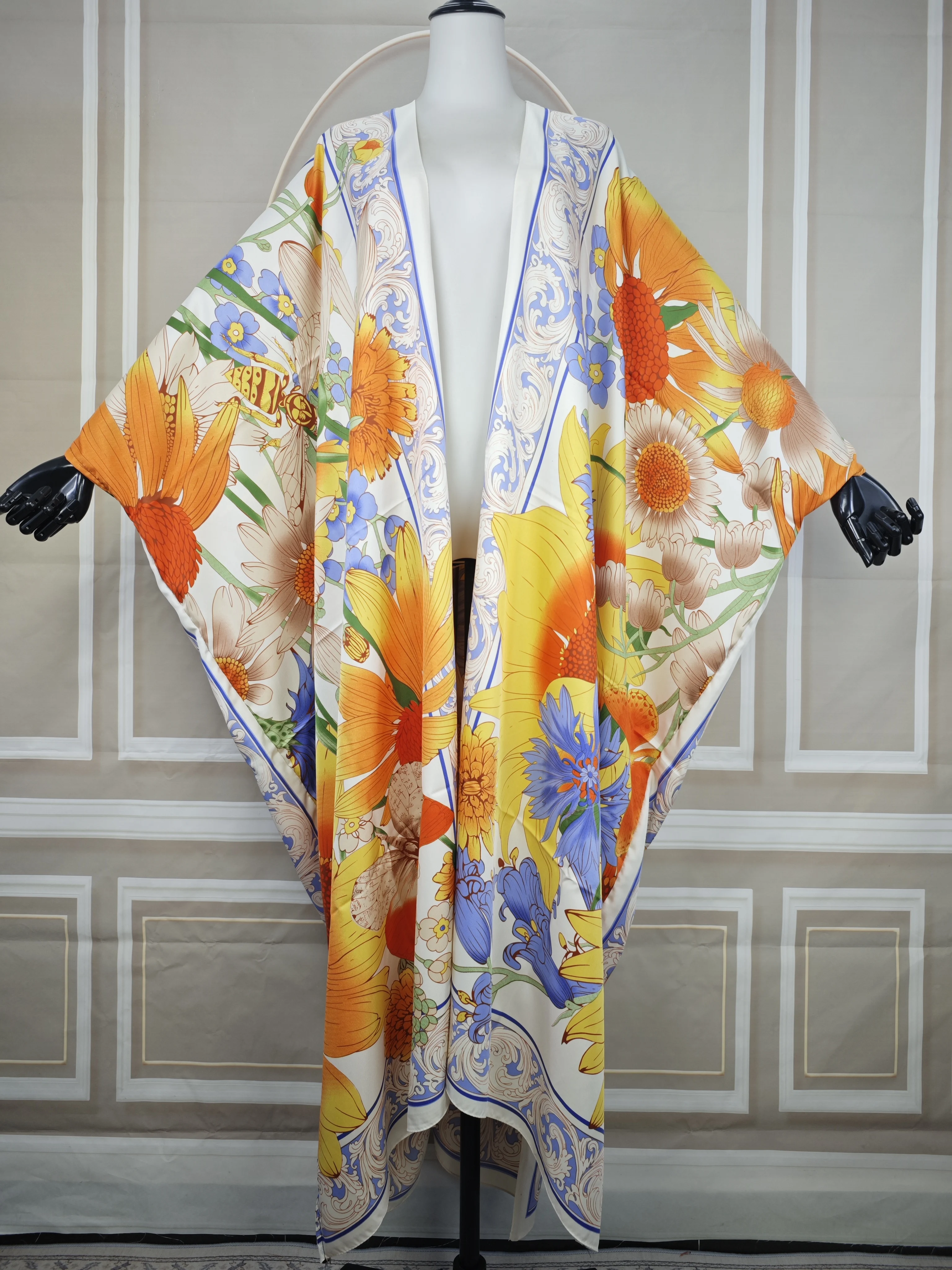 Kimono de plage bohème pour femme, style ethnique, en soie sergé, coupe ample, cardigan ouvert sur le devant, robe musulmane exceptionnelle pour les vacances d'été
