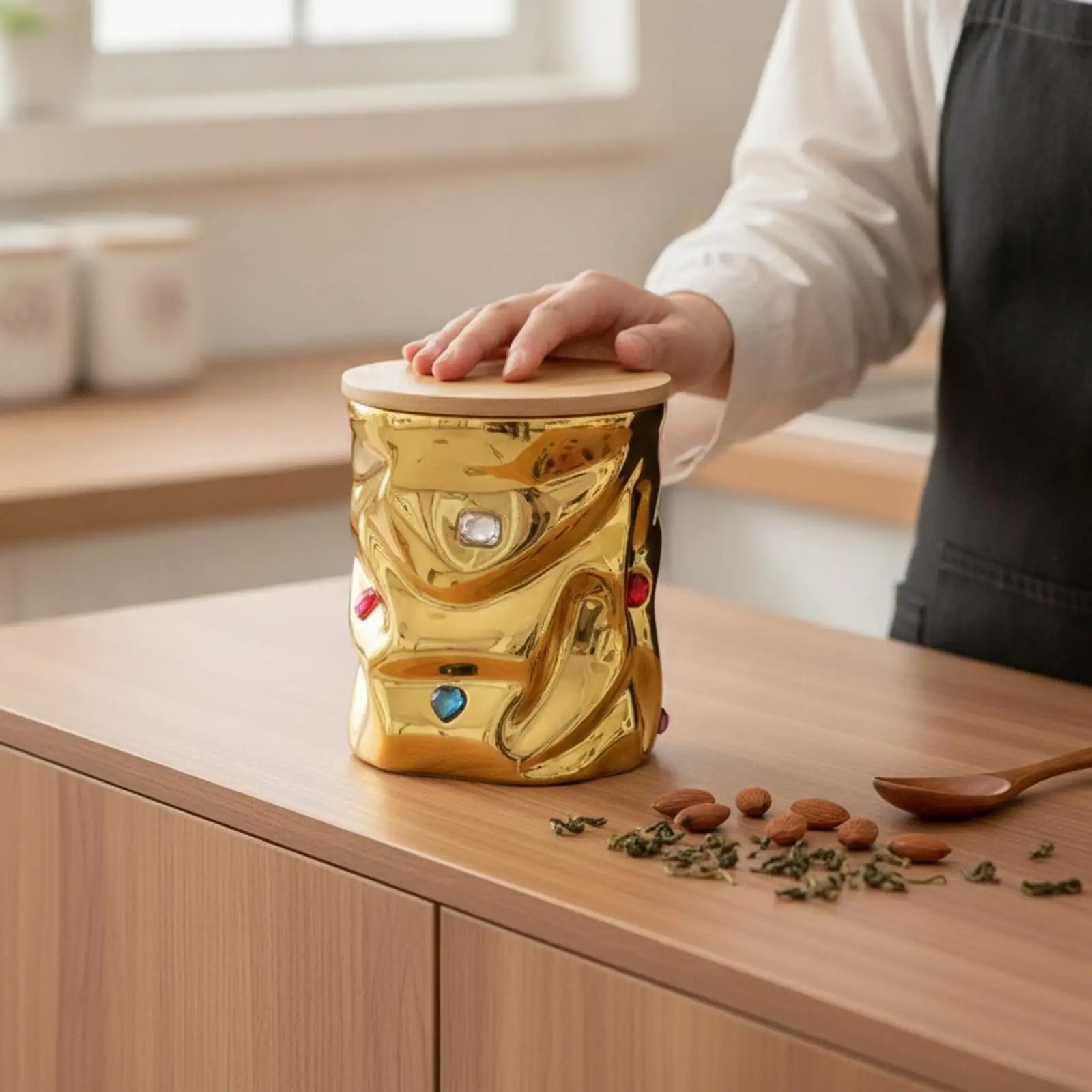 Wood Lid Sealed Storage Jar Ceramic Irregular Texture Jewel Accent Airtight Food Container for Spices Grains Snacks Countertop