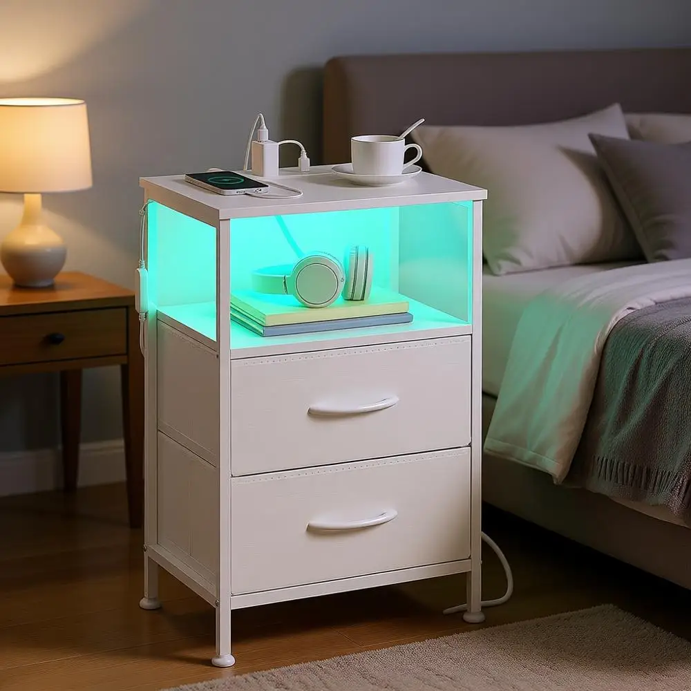 

Прикроватная тумбочка с зарядной станцией и регулируемой LED-подсветкой, 2 ящика и 1 открытая полка, для спальни, цвет Cloud White