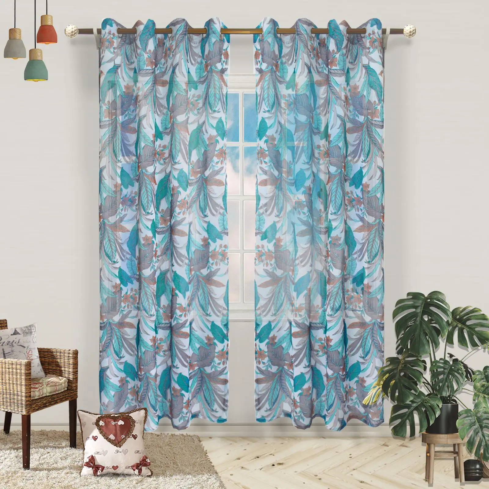 

Sheer Printed Curtains Linen Mixed Texture Floral Light Filter Curtains