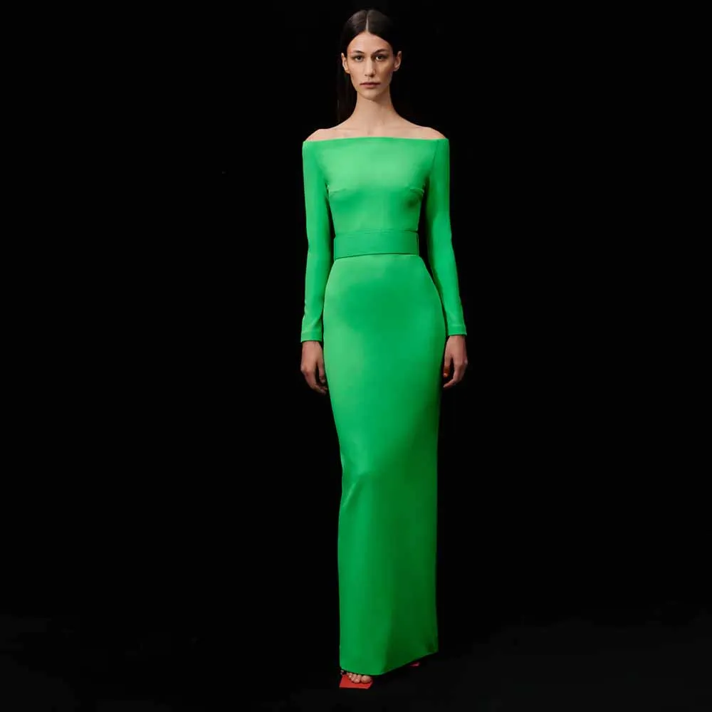 Simple Women's Evening Dresses Jersey Sheath/Column Celebrity Style Dresses Green Off-the-shoulder Belt Split Prom Dresses Long