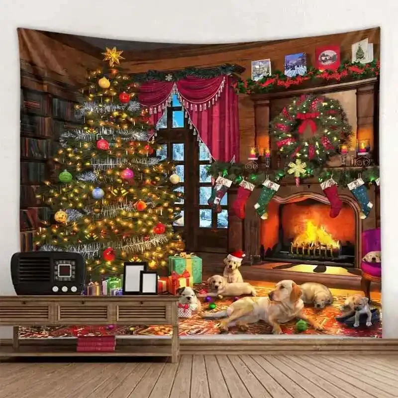 Christmas Day party decoration background cloth Santa Claus Christmas Tree Stove tapestry living Room room home decoration