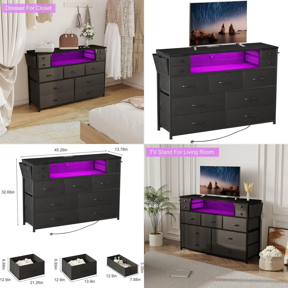 

55 Подставка для ТВ-комода с 11 ящиками, розетками, светодиодной подсветкой, тканевым сундуком, черной деревянной столешницей