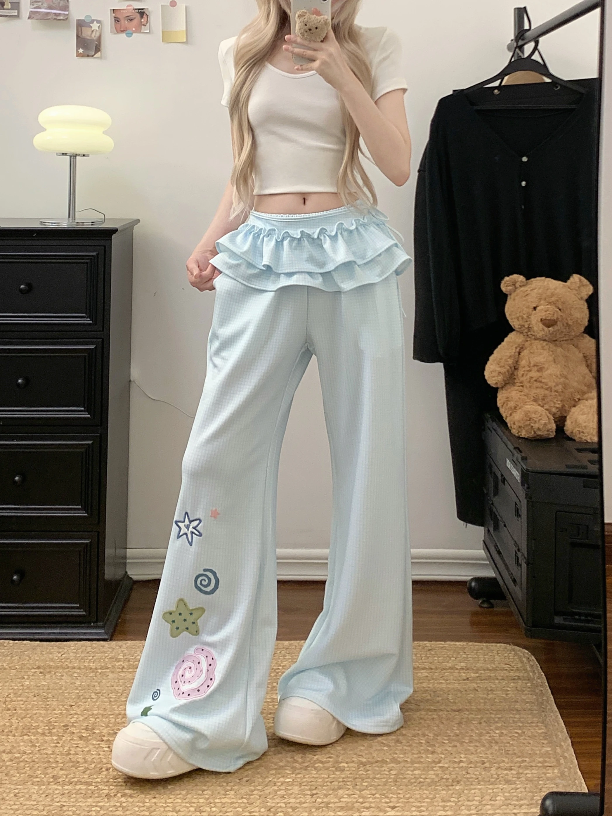 Women's Spring Autumn Cute Fake Two Pieces Flare Pants Lady Casual Embroidered Pattern Loose Full Length Pants