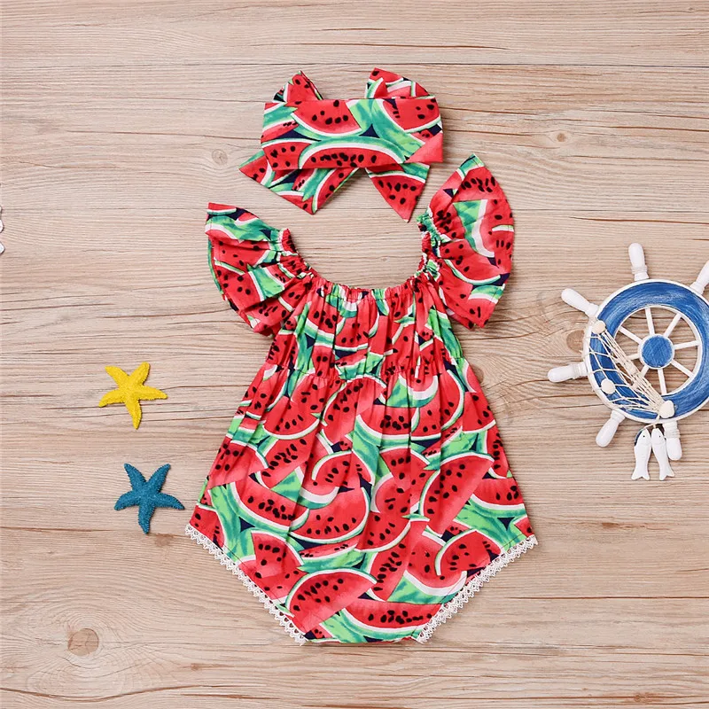 Baby Girls Watermelon Print Bodysuit Headband Short Sleeve Romper 0-3Y Newborn Infant Toddler Summer Casual Jumpsuit Outfits