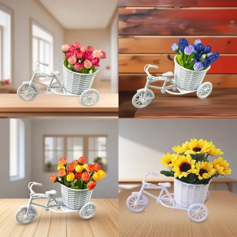 Simulation Flower Decorations Rattan Flower Basket Tricycle Bicycle Model Home Garden Wedding Party Decoration Romantic And Cute