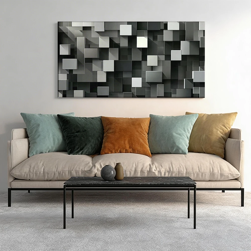 

Large-sized solid wood frame canvas painting 1pc Geometric pattern, gray squares.