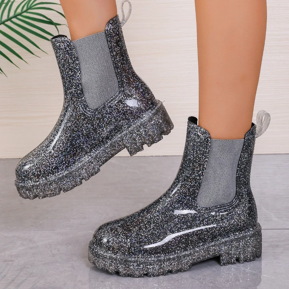 

Дизайнерская женская обувь 2025 Новые высококачественные серебряные женские ботинки Водонепроницаемые нескользящие ботинки челси на толстой подошве Botas De Mujer