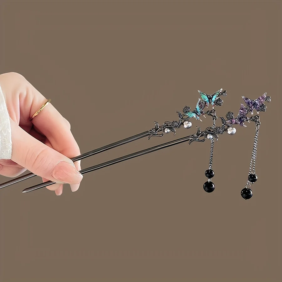 

Vintage double butterfly tassel hairpin with decorative plate for elegant styling