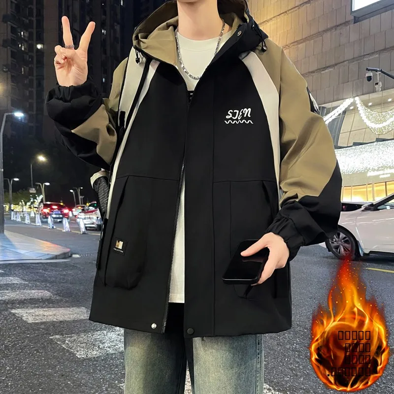 

New 2025 Men's Thiened Fce Lined Cotton Jaet for Teenagers Warm Sli Casual Hooded Long Sve Stand Fit Polyester