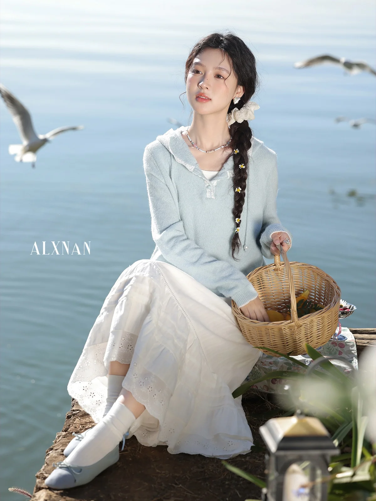 

Light Blue Knitted ort Coat for Women Casual Sle Spring New Arrival Hat Design Regular Fit Long Sve Ladies Top