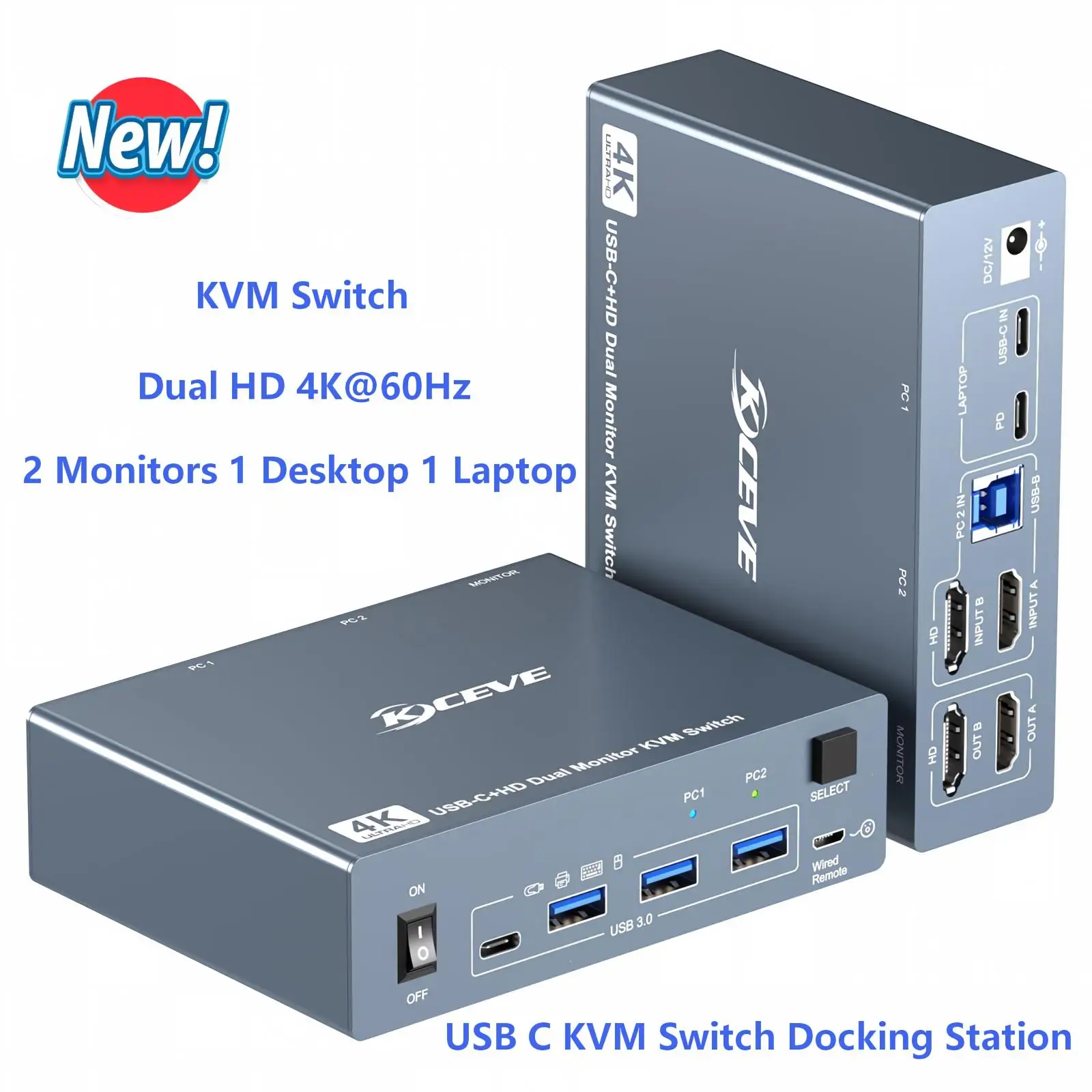 USB 3.0 KVM Switch 2 Monitors 1 Desktop 1 Laptop,USB C KVM Switch Docking Station,DP/HD KVM Switch 4K@60Hz Share 4 USB3.0 Port