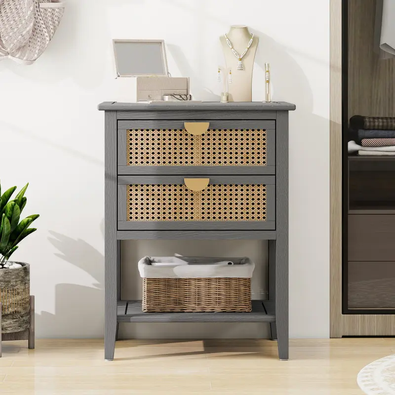 Nightstand with 2 Natural Rattan Decorated Drawers and 1 Open Shelf Side Table End Table Bedside Table for Living Room Grey